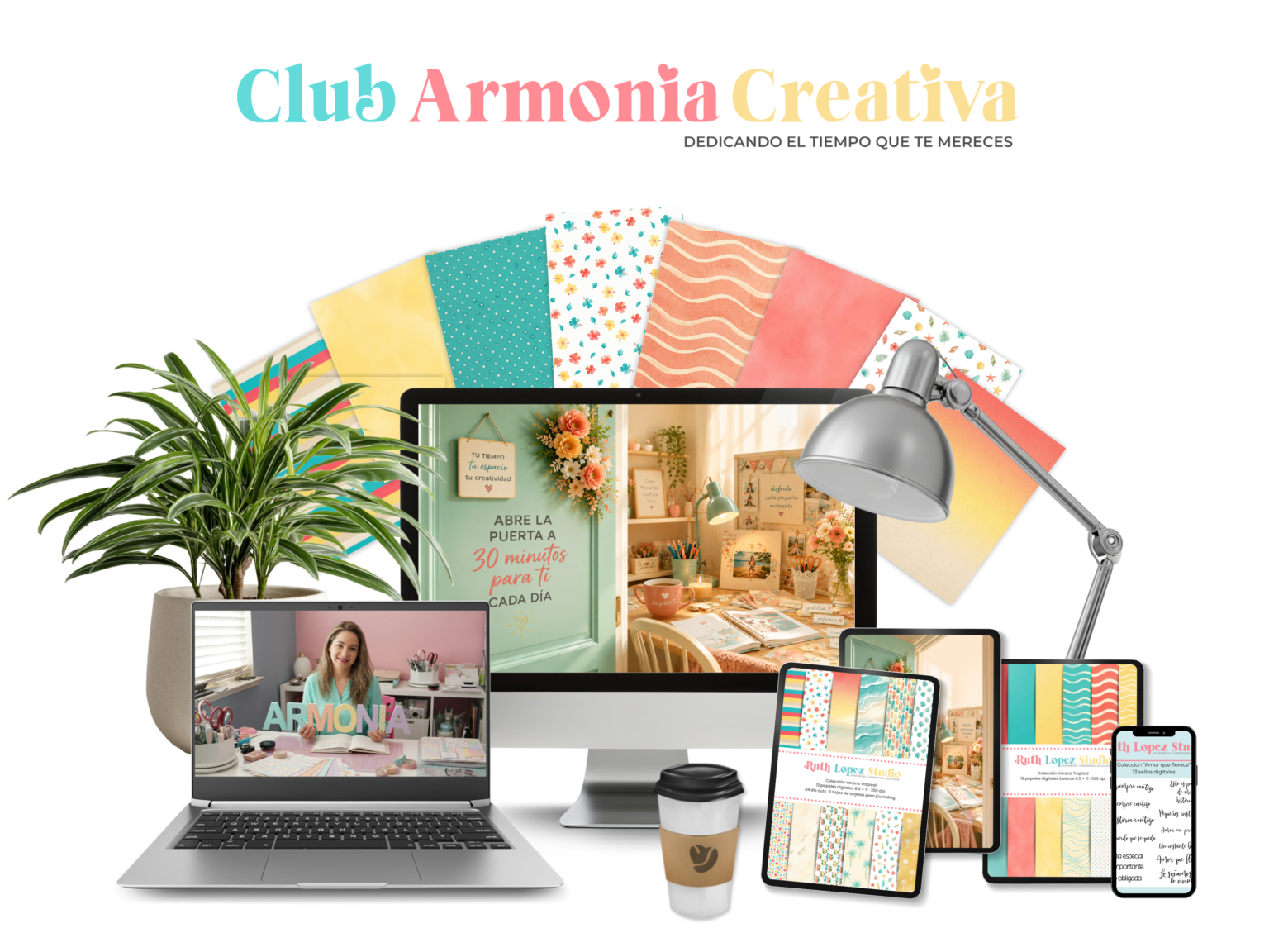 Colección del Club Armonía Creativa: papeles decorados, tutoriales en video y plantillas en computadora, tablet y celular